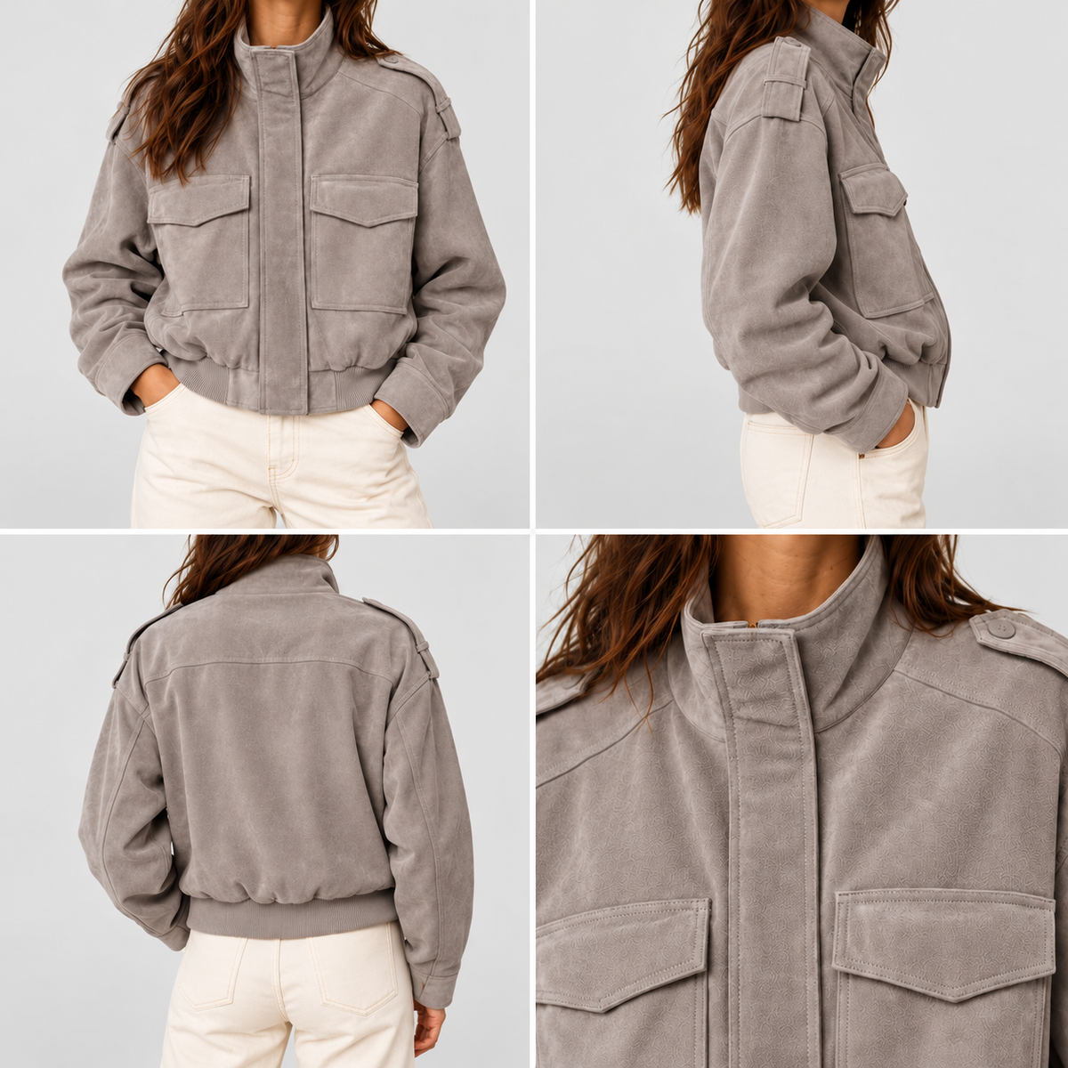 Women's Grey Suede-Look Cropped Bomber Jacket with Utility Pockets — view 5