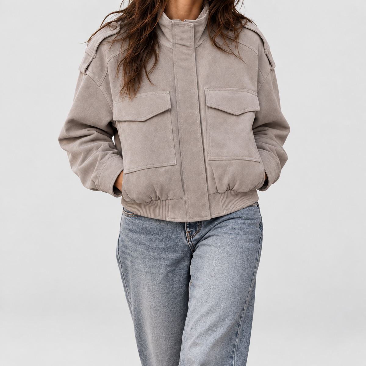 Women's Grey Suede-Look Cropped Bomber Jacket with Utility Pockets — view 6