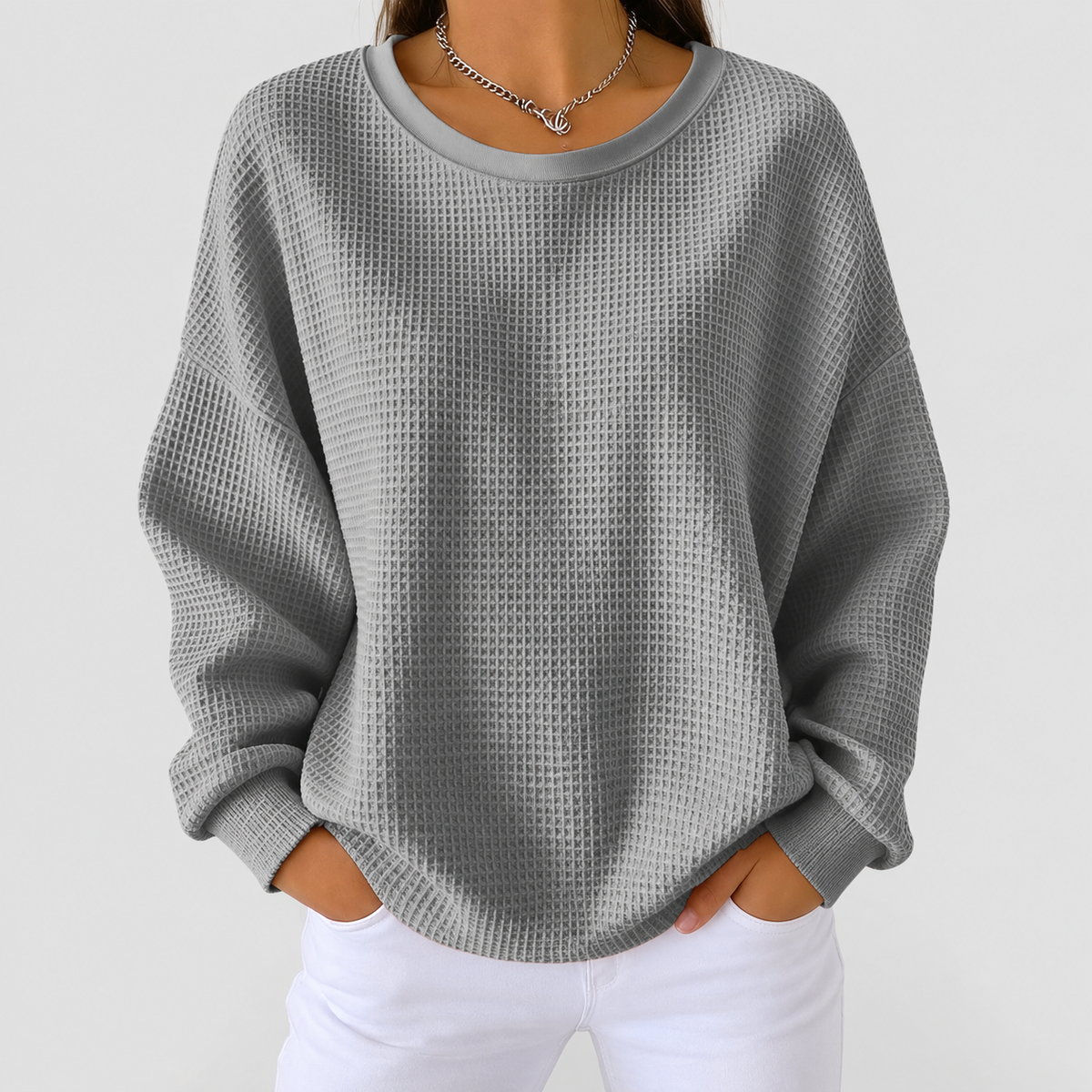 Women's Textured Waffle Knit Jumper in Grey — view 3