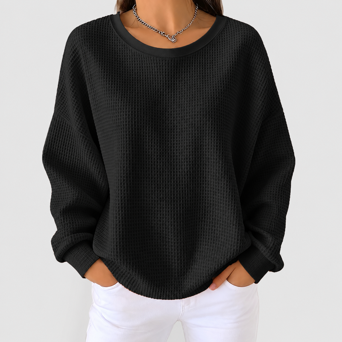 Women's Textured Waffle Knit Jumper in Black — view 7