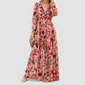 Women's Floral Long-Sleeve V-Neck Tiered Maxi Dress in Pink — view 1