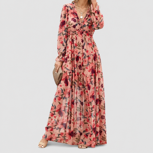 Women's Floral Long-Sleeve V-Neck Tiered Maxi Dress in Pink — view 1