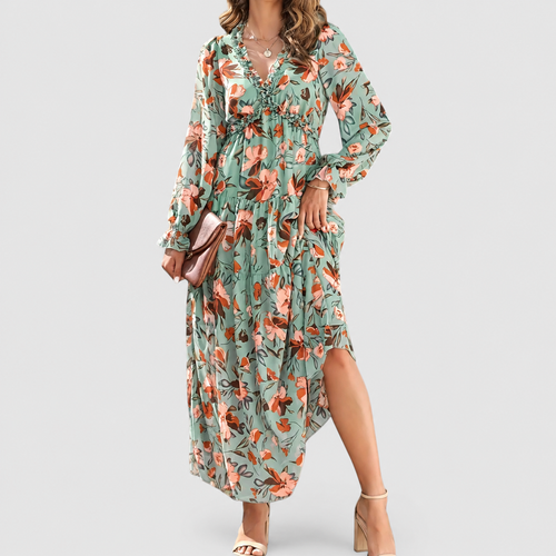 Women's Floral Long-Sleeve V-Neck Tiered Maxi Dress in Green — view 2