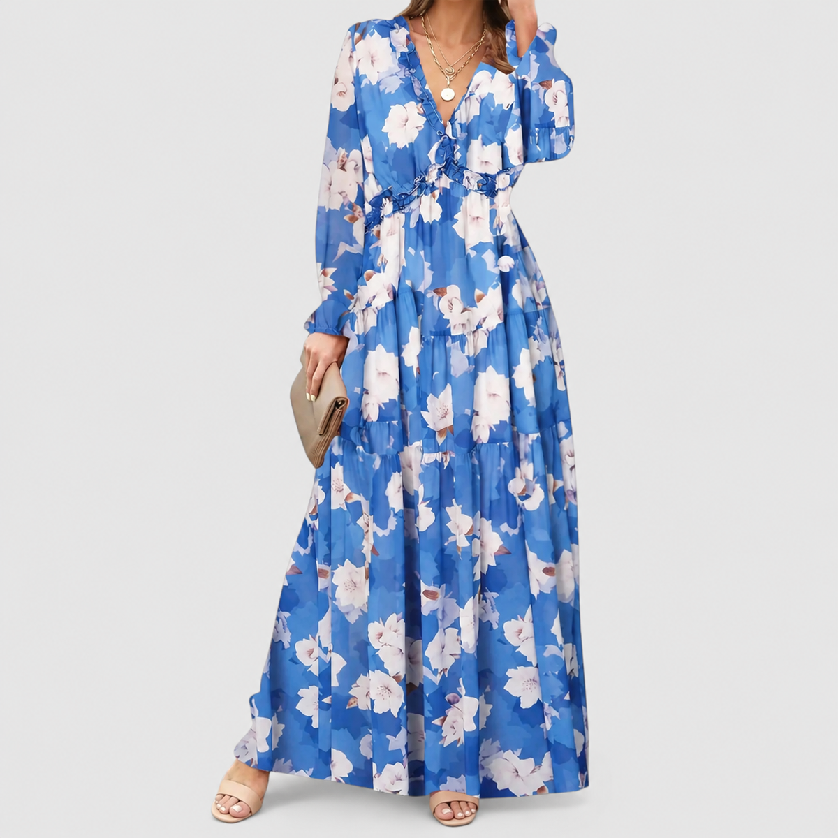 Women's Floral Long-Sleeve V-Neck Tiered Maxi Dress in Blue — view 3