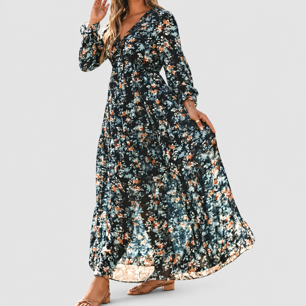 Women's Floral Long-Sleeve V-Neck Tiered Maxi Dress in Navy Blue — view 4