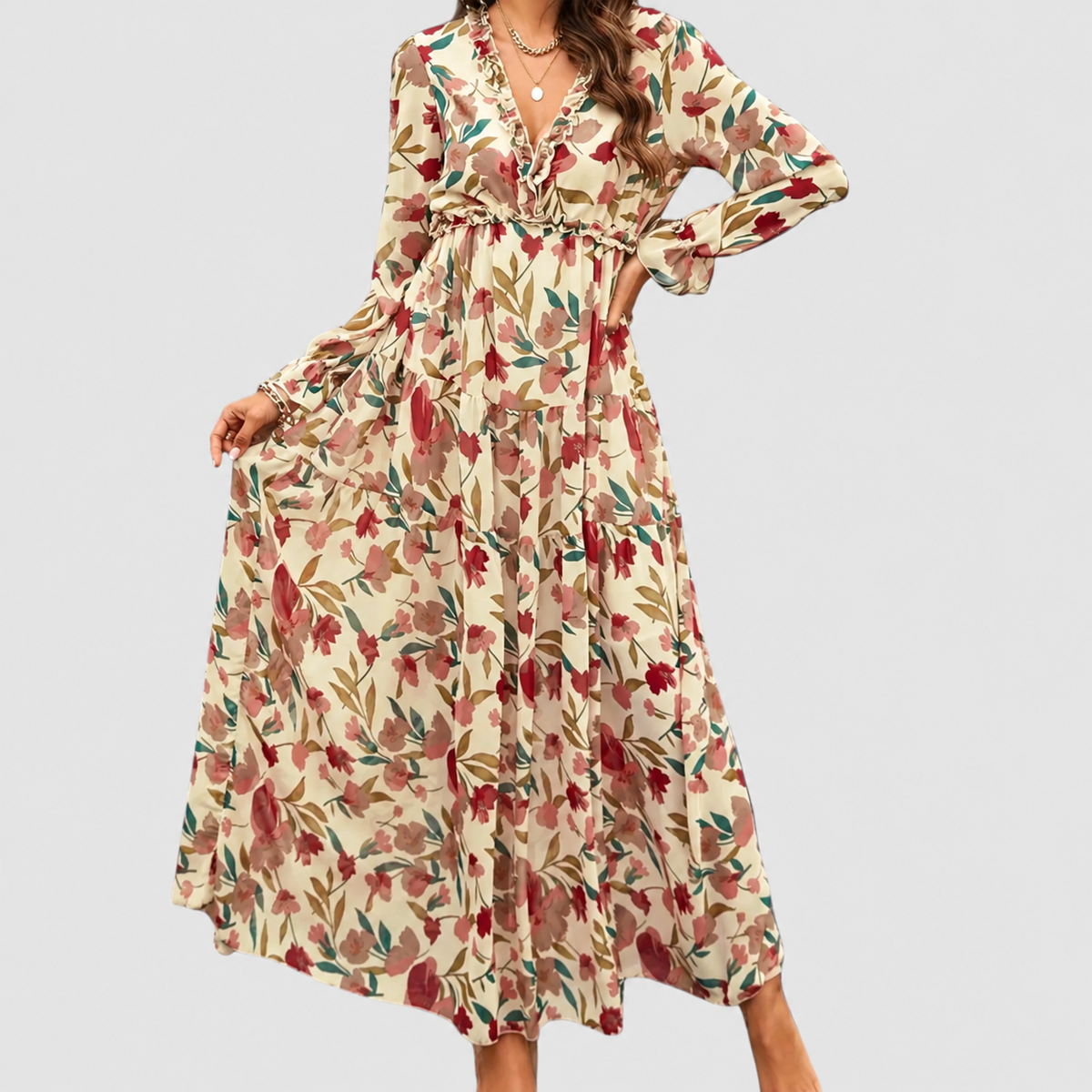 Women's Floral Long-Sleeve V-Neck Tiered Maxi Dress in Apricot — view 6