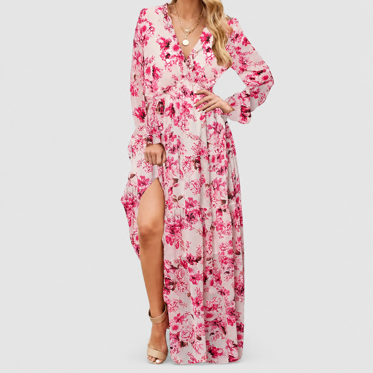 Women's Floral Long-Sleeve V-Neck Tiered Maxi Dress in Pink-Grey — view 7