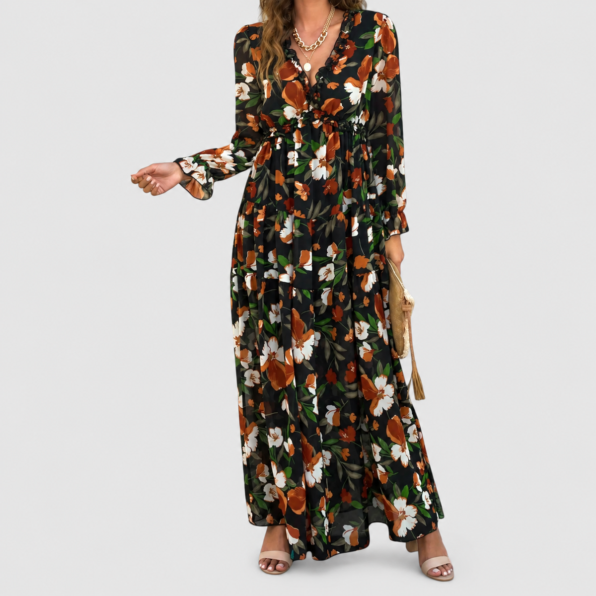 Women's Floral Long-Sleeve V-Neck Tiered Maxi Dress in Black — view 8