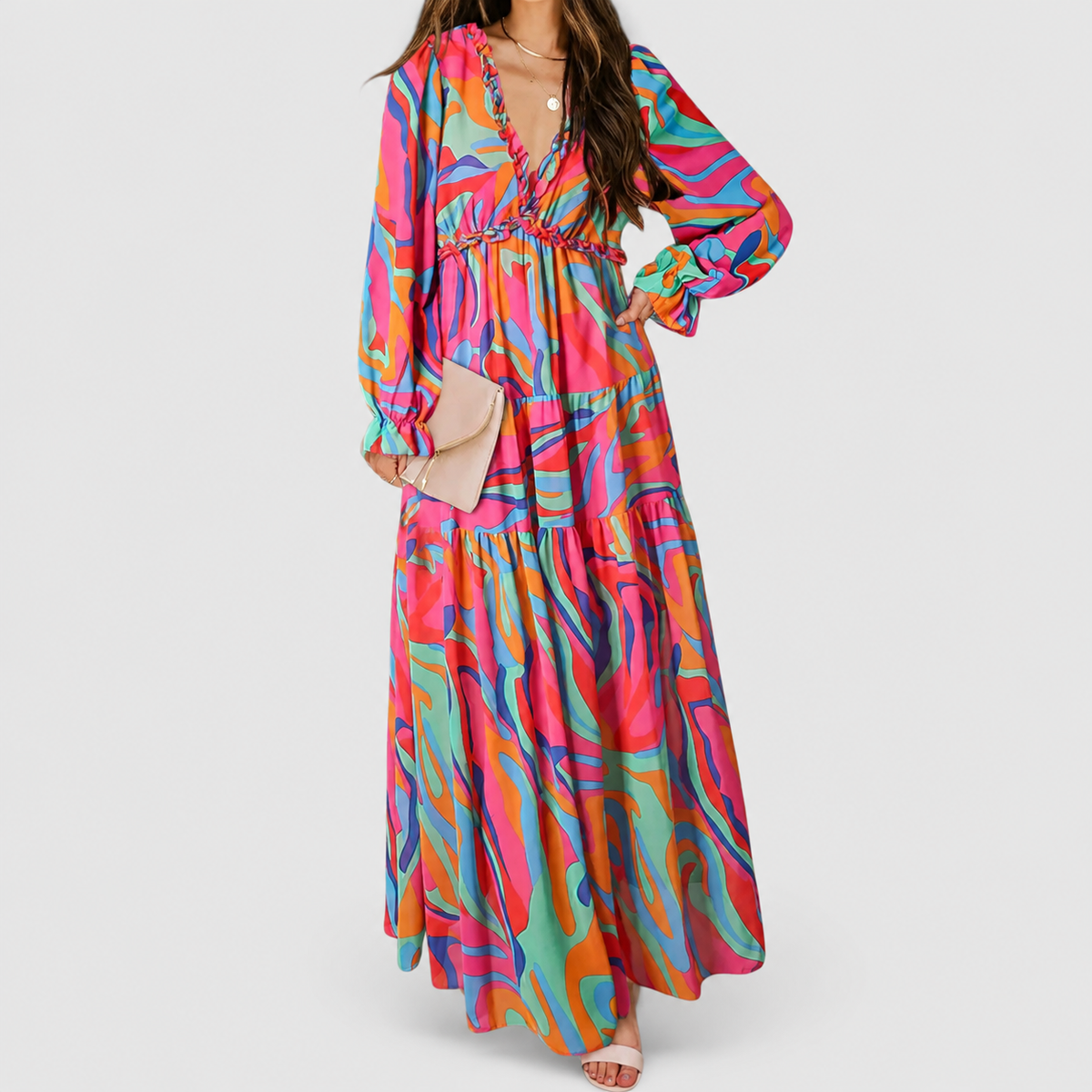 Women's Floral Long-Sleeve V-Neck Tiered Maxi Dress in Rose Pink — view 9