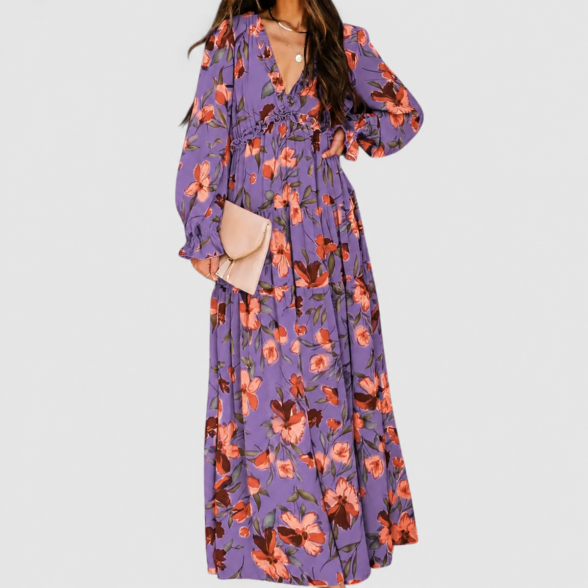 Women's Floral Long-Sleeve V-Neck Tiered Maxi Dress in Dark Purple — view 10