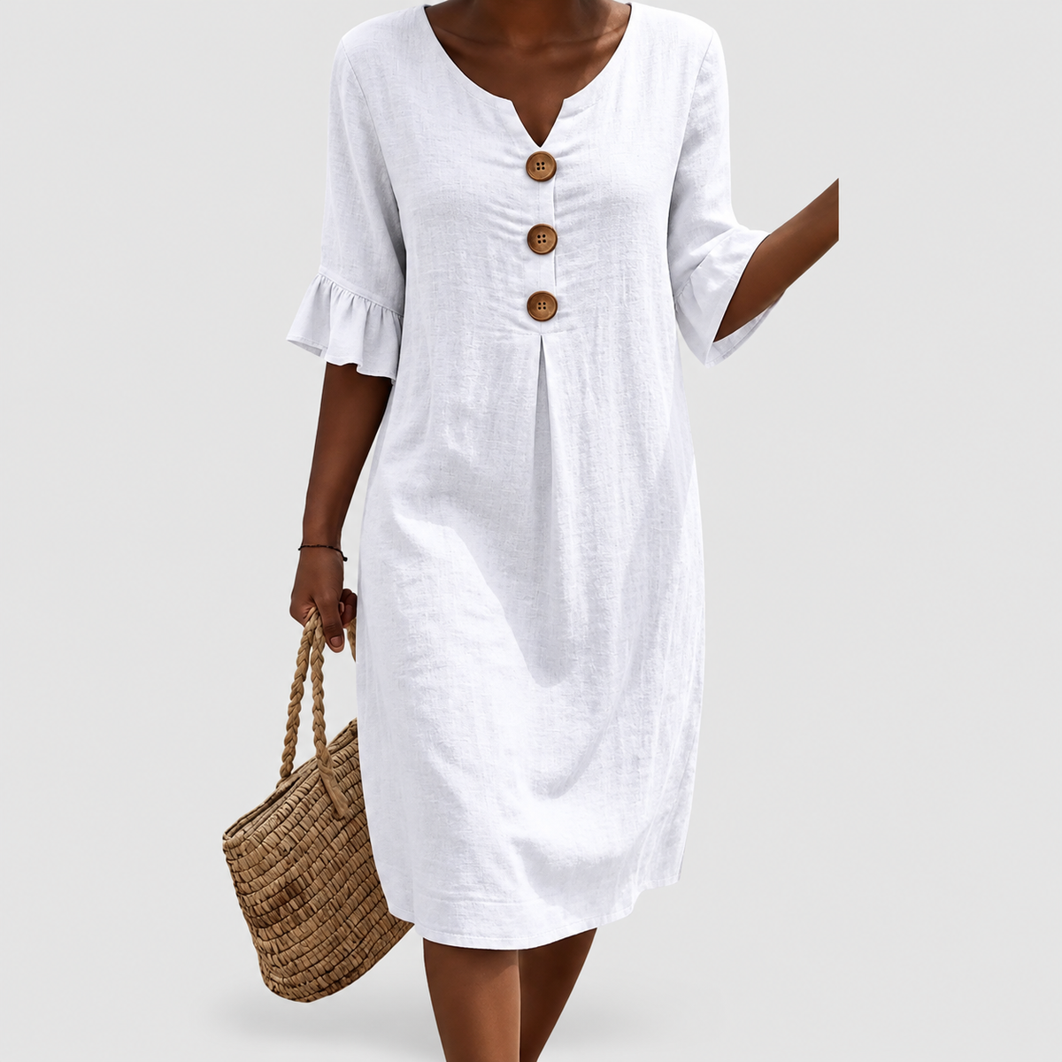 Women's Textured Button-Front Dress with Ruffle Cuffs in White — view 1