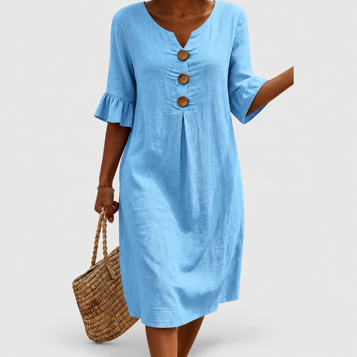 Women's Textured Button-Front Dress with Ruffle Cuffs in Light Blue — view 2