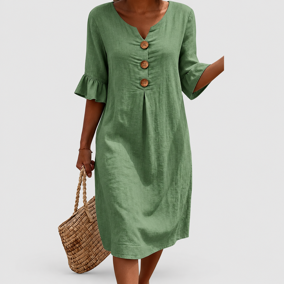Women's Textured Button-Front Dress with Ruffle Cuffs in Green — view 3