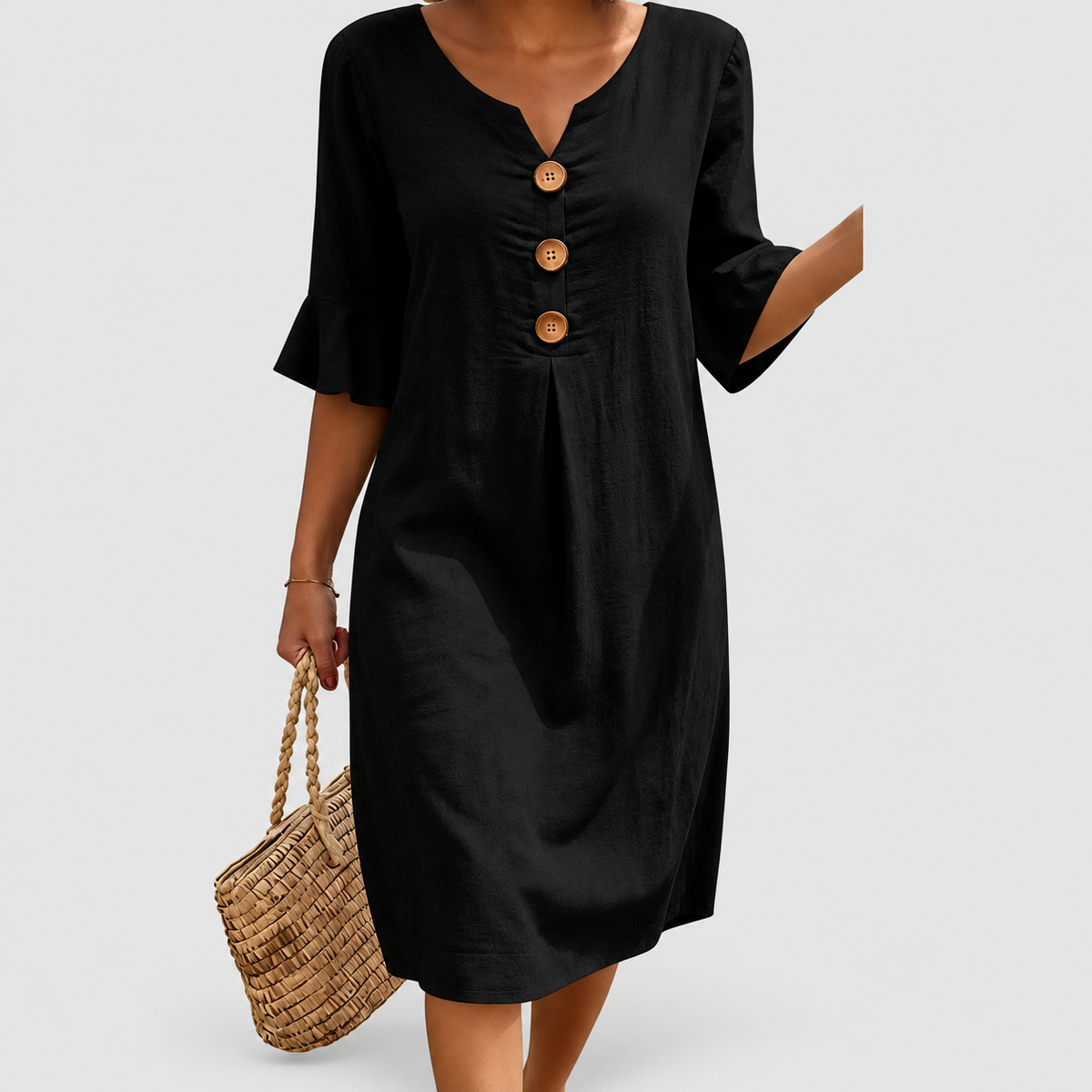 Women's Textured Button-Front Dress with Ruffle Cuffs in Black — view 4