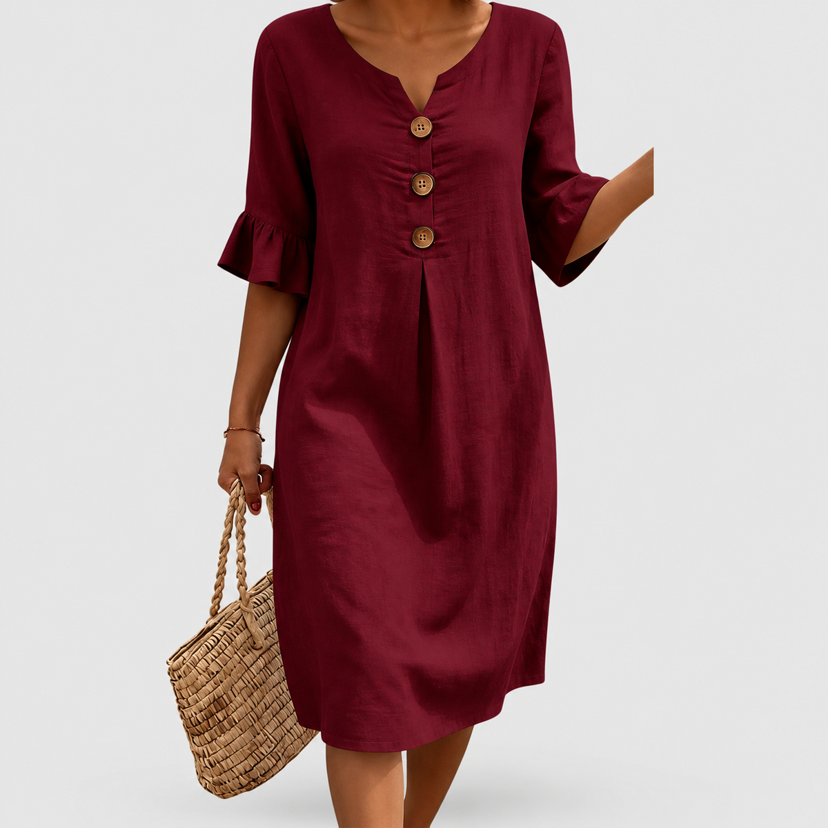 Women's Textured Button-Front Dress with Ruffle Cuffs in Bordeaux — view 5