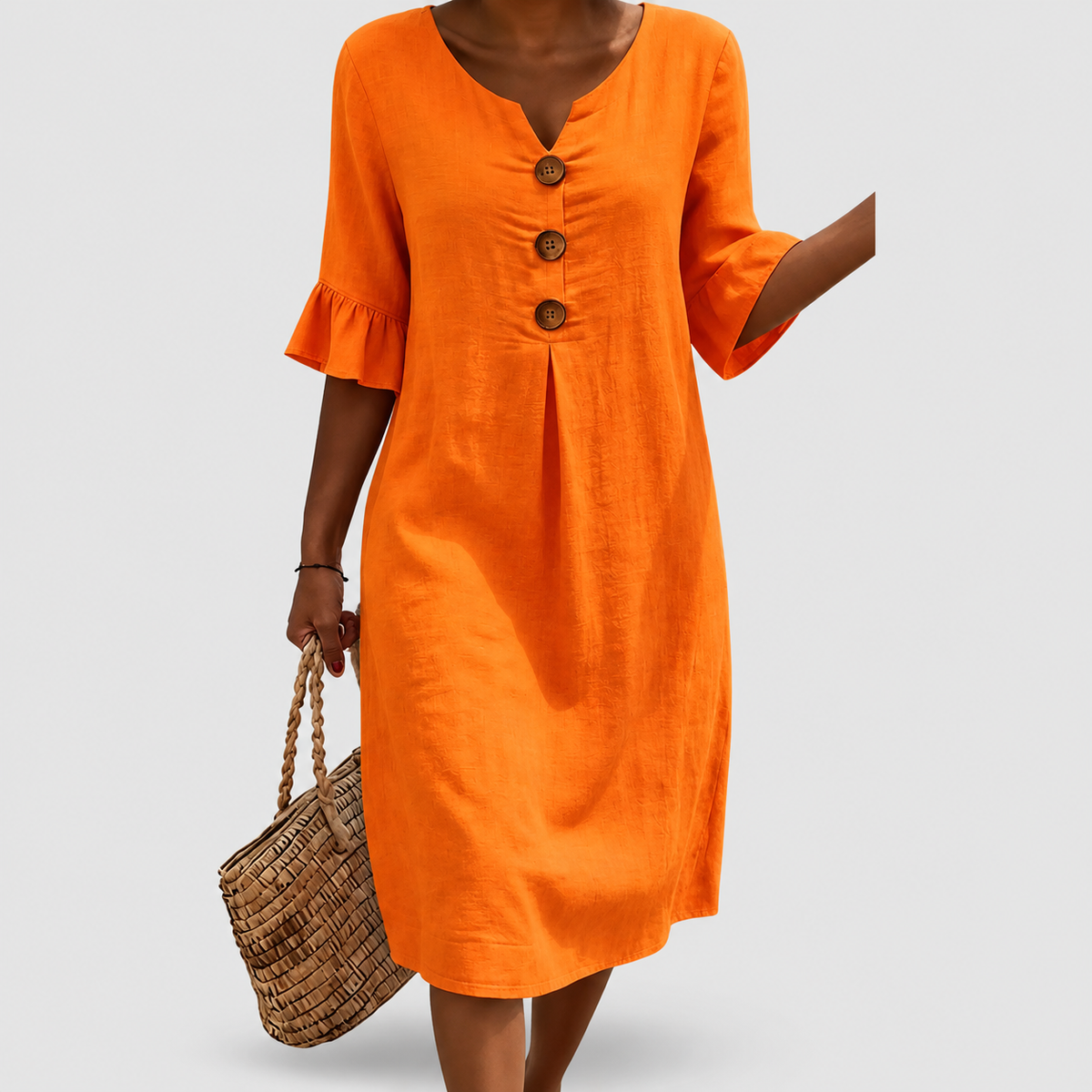 Women's Textured Button-Front Dress with Ruffle Cuffs in Orange — view 6