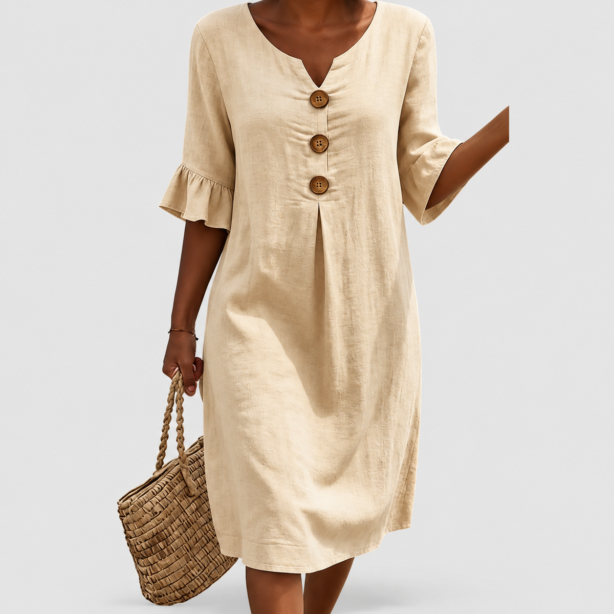 Women's Textured Button-Front Dress with Ruffle Cuffs in Beige — view 7