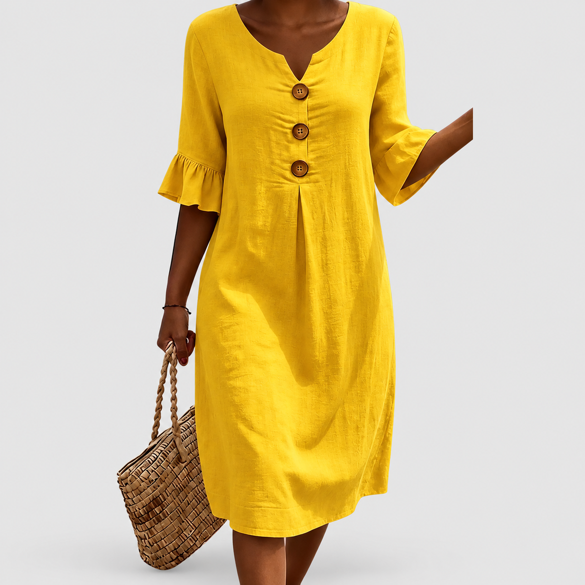 Women's Textured Button-Front Dress with Ruffle Cuffs in Yellow — view 8