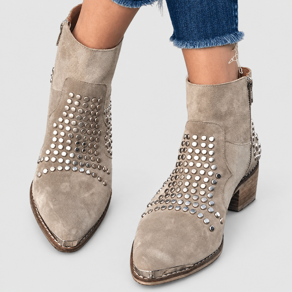 Women's Taupe Studded Faux Suede Pointed-Toe Block-Heel Ankle Boots — view 1