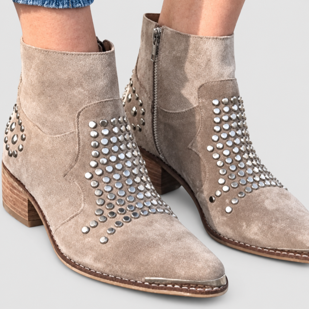 Women's Taupe Studded Faux Suede Pointed-Toe Block-Heel Ankle Boots — view 2