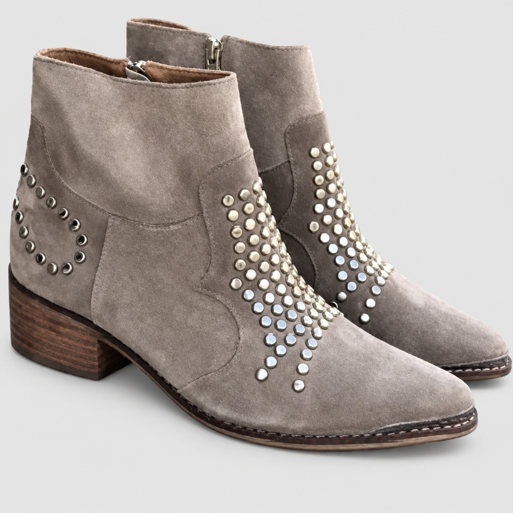 Women's Taupe Studded Faux Suede Pointed-Toe Block-Heel Ankle Boots in Taupe — view 3