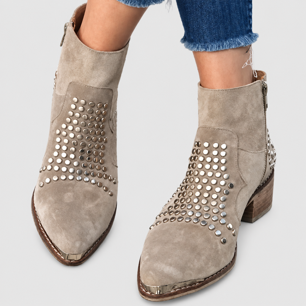 Women's Taupe Studded Faux Suede Pointed-Toe Block-Heel Ankle Boots — view 4