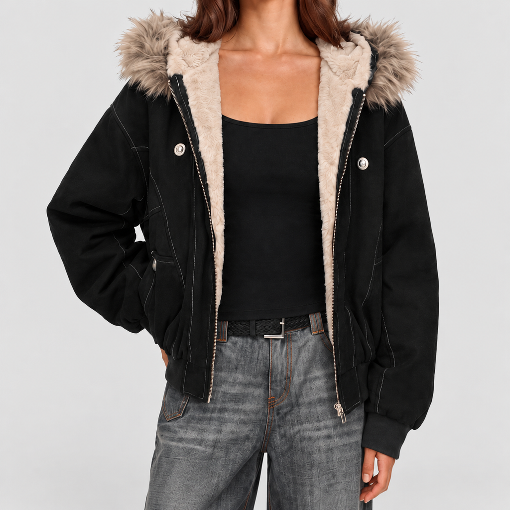 Women's Plush-Lined Hooded Bomber Jacket in Black — view 1