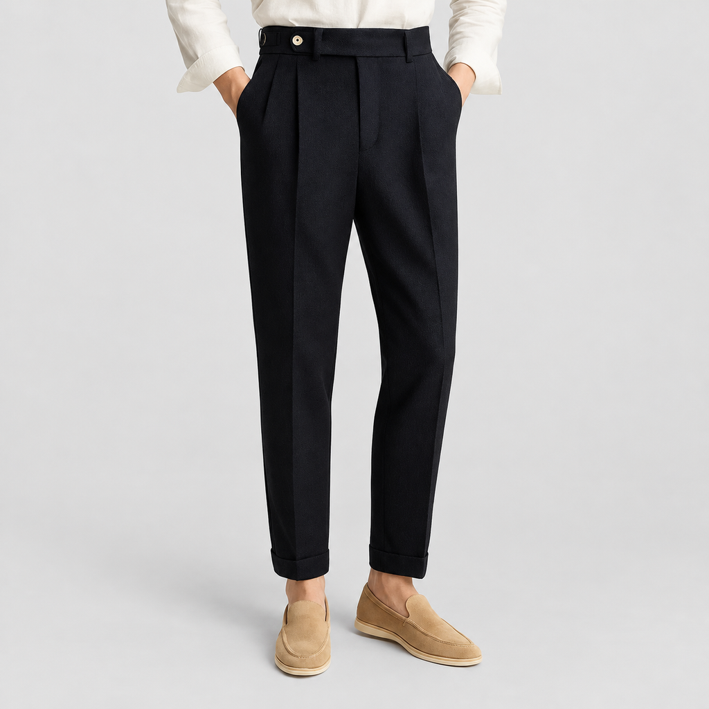 Men's Pleated Tailored Trousers with Turn-Up Hems in Blue — view 1