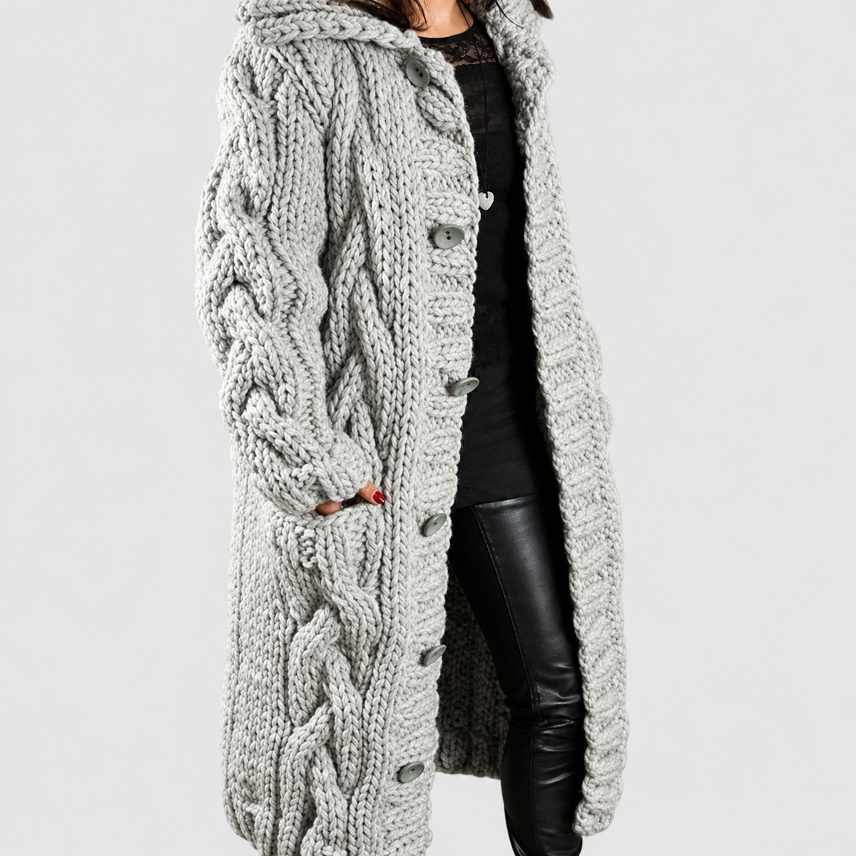 Women's Oversized Chunky Cable-Knit Hooded Cardigan with Pockets in Silver Grey — view 2