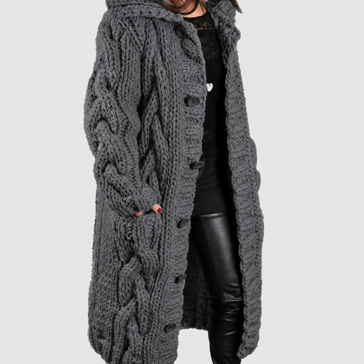 Women's Oversized Chunky Cable-Knit Hooded Cardigan with Pockets in Dark Grey — view 3