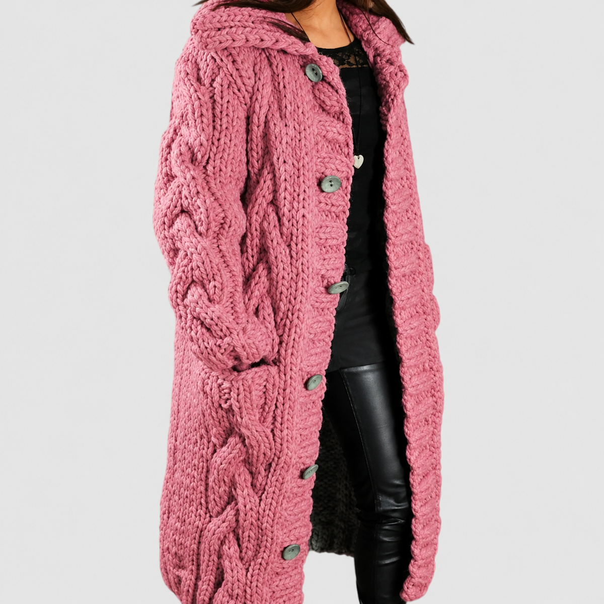Women's Oversized Chunky Cable-Knit Hooded Cardigan with Pockets in Pink — view 4