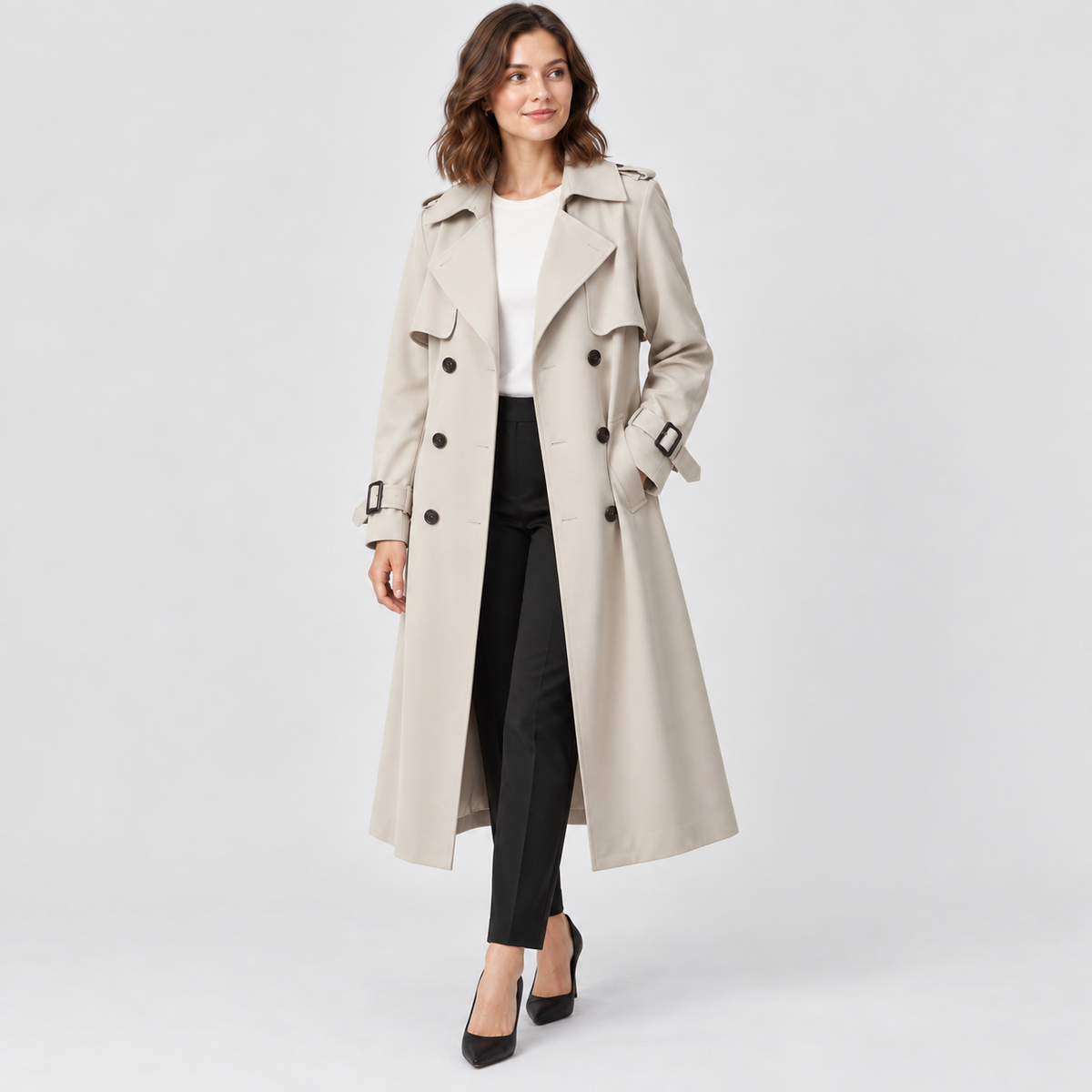 Beatrice Belted Trench Coat with Buckled Cuffs in beige, studio view