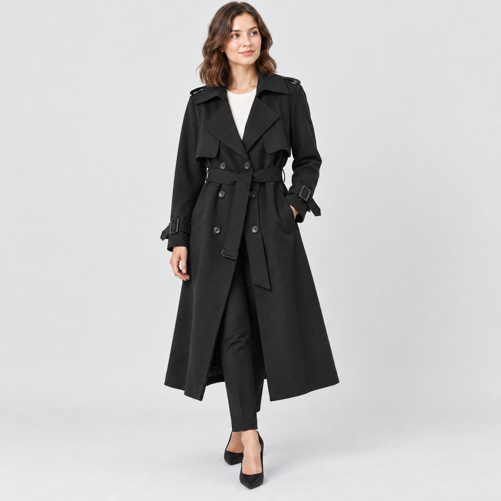 Beatrice Belted Trench Coat with Buckled Cuffs in black, studio view
