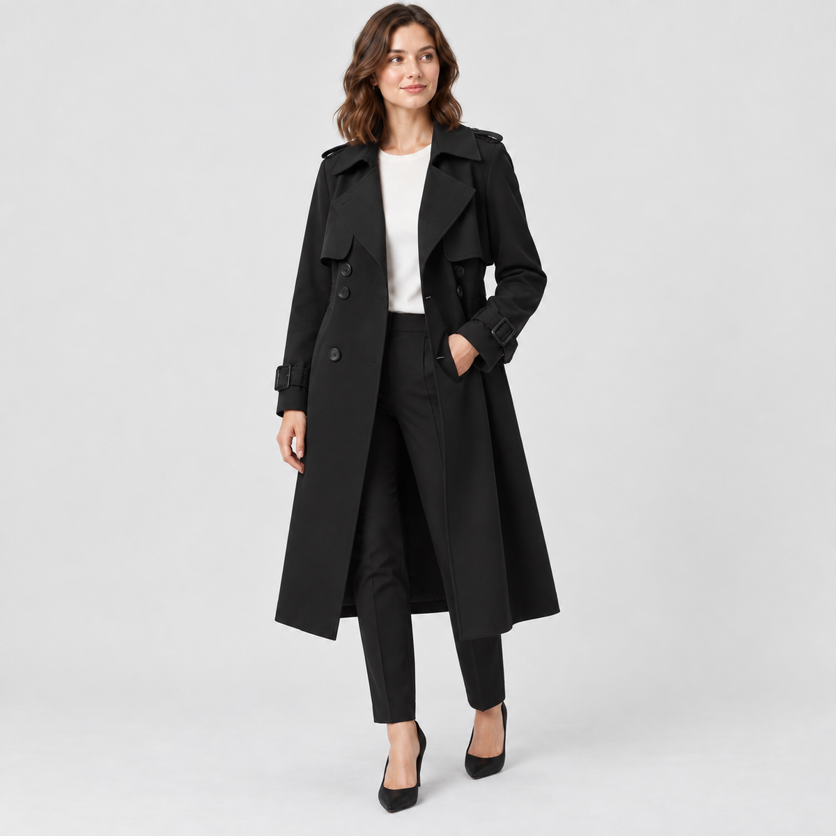 Beatrice Belted Trench Coat with Buckled Cuffs in black, studio view
