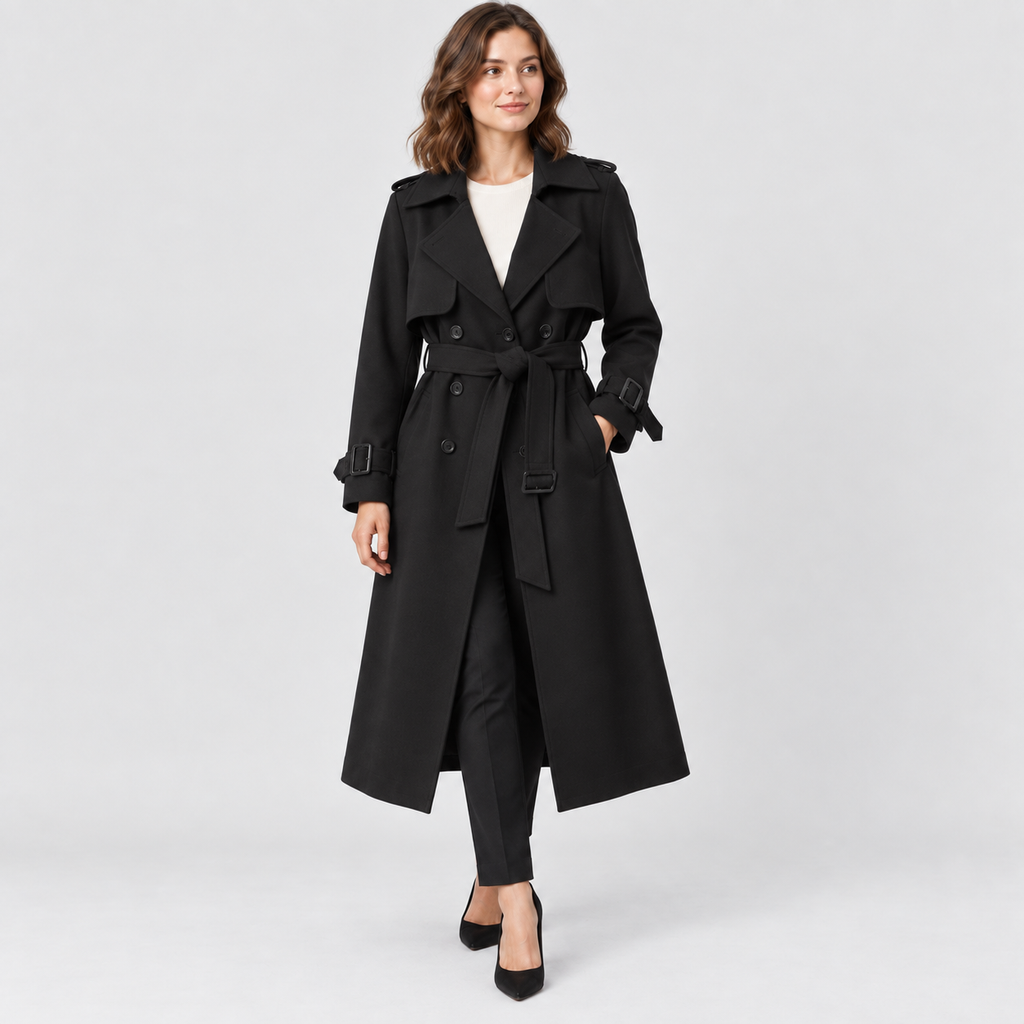 Beatrice Belted Trench Coat with Buckled Cuffs in black, studio view