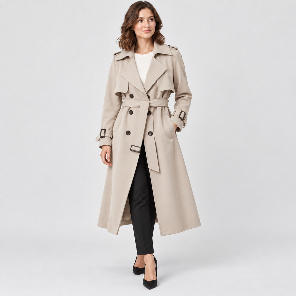 Beatrice Belted Trench Coat with Buckled Cuffs in beige, studio view