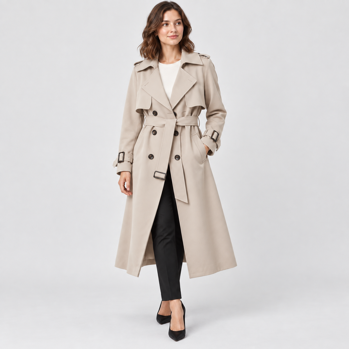 Beatrice Belted Trench Coat with Buckled Cuffs in beige, studio view