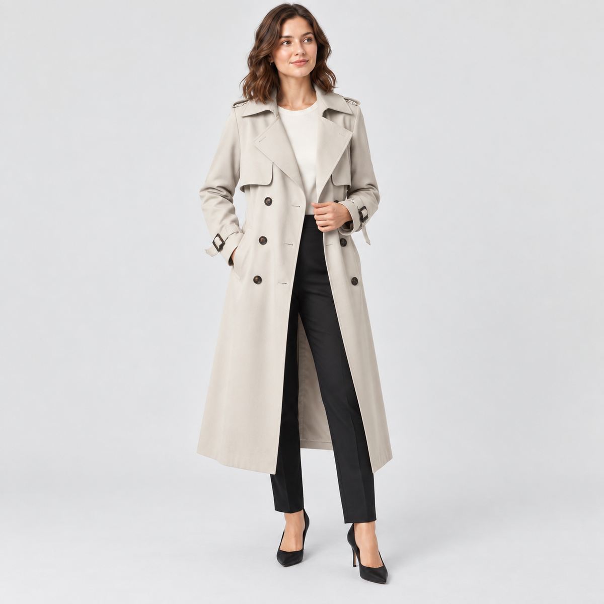 Beatrice Belted Trench Coat with Buckled Cuffs in beige, studio view