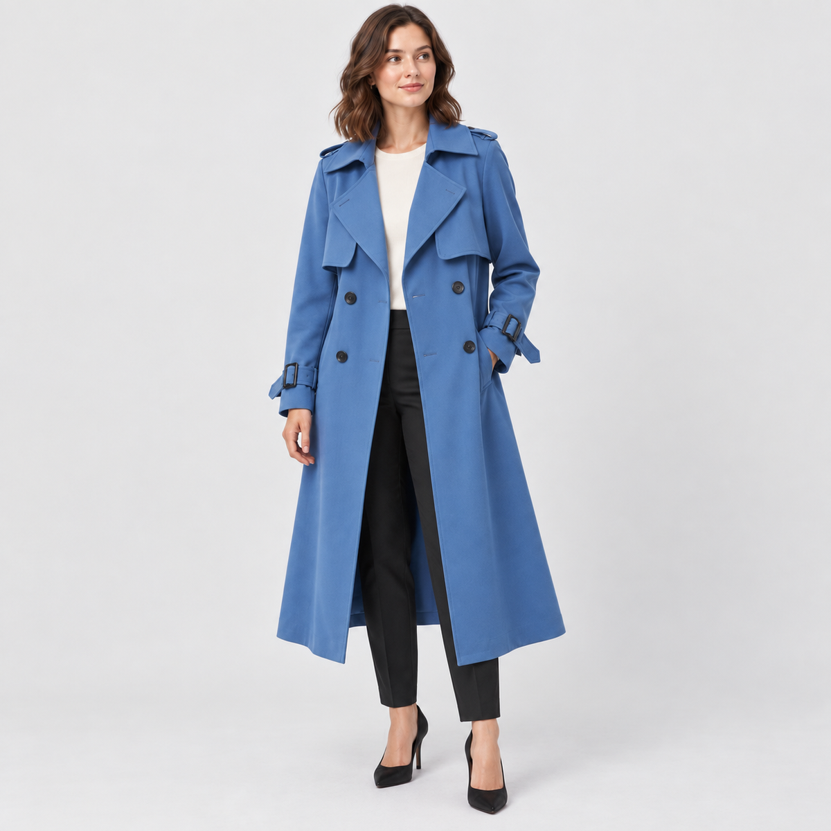 Beatrice Belted Trench Coat with Buckled Cuffs in blue, studio view