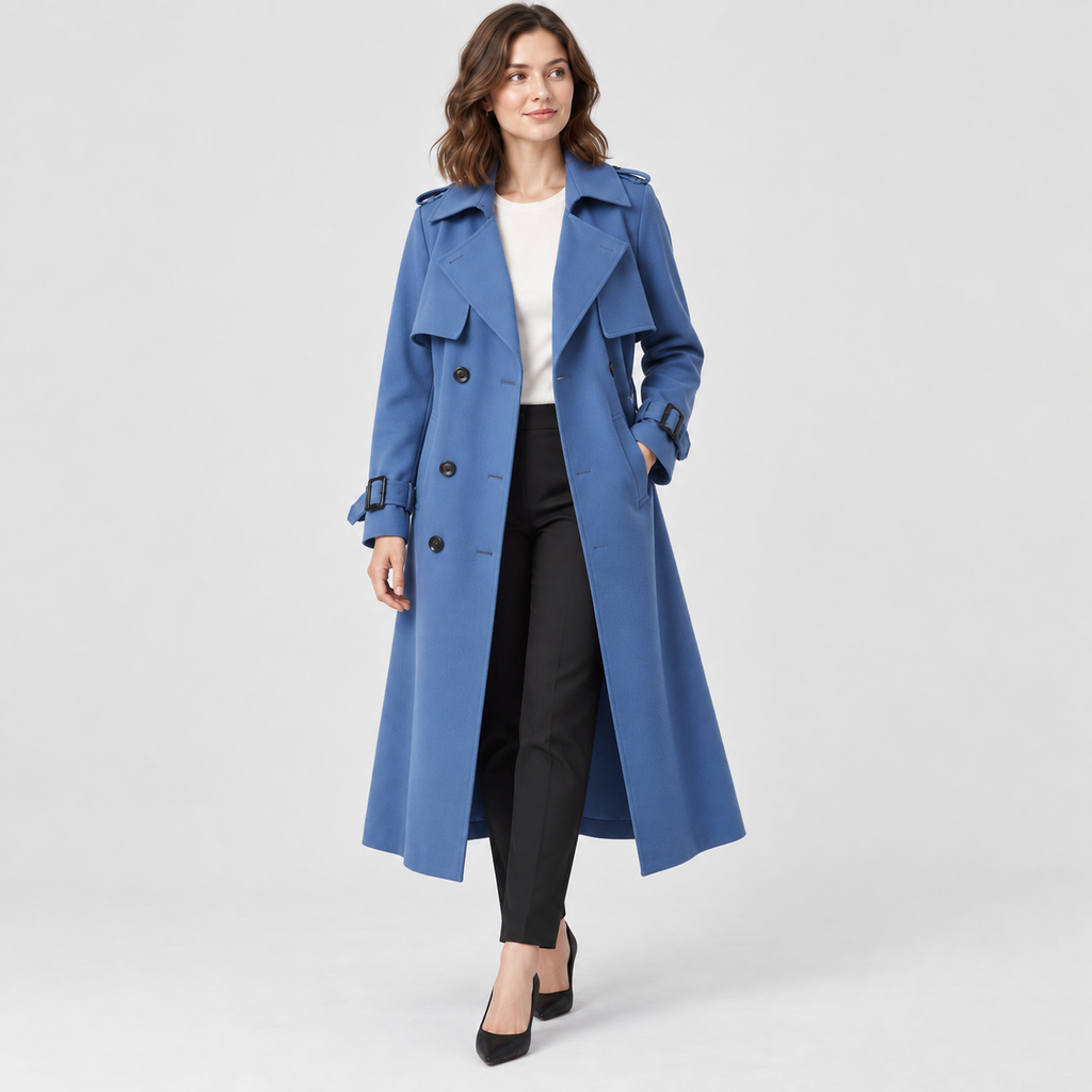 Beatrice Belted Trench Coat with Buckled Cuffs in blue, studio view
