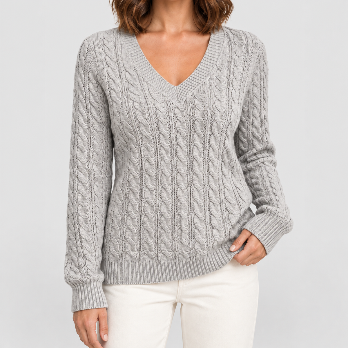 Women's Cable-Knit V-Neck Jumper in Grey — view 1