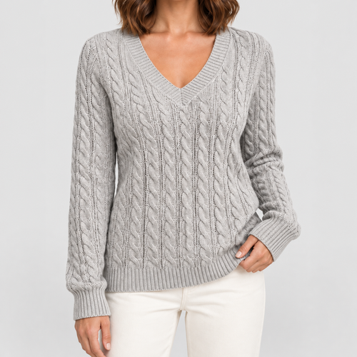 Women's Cable-Knit V-Neck Jumper in Grey — view 1