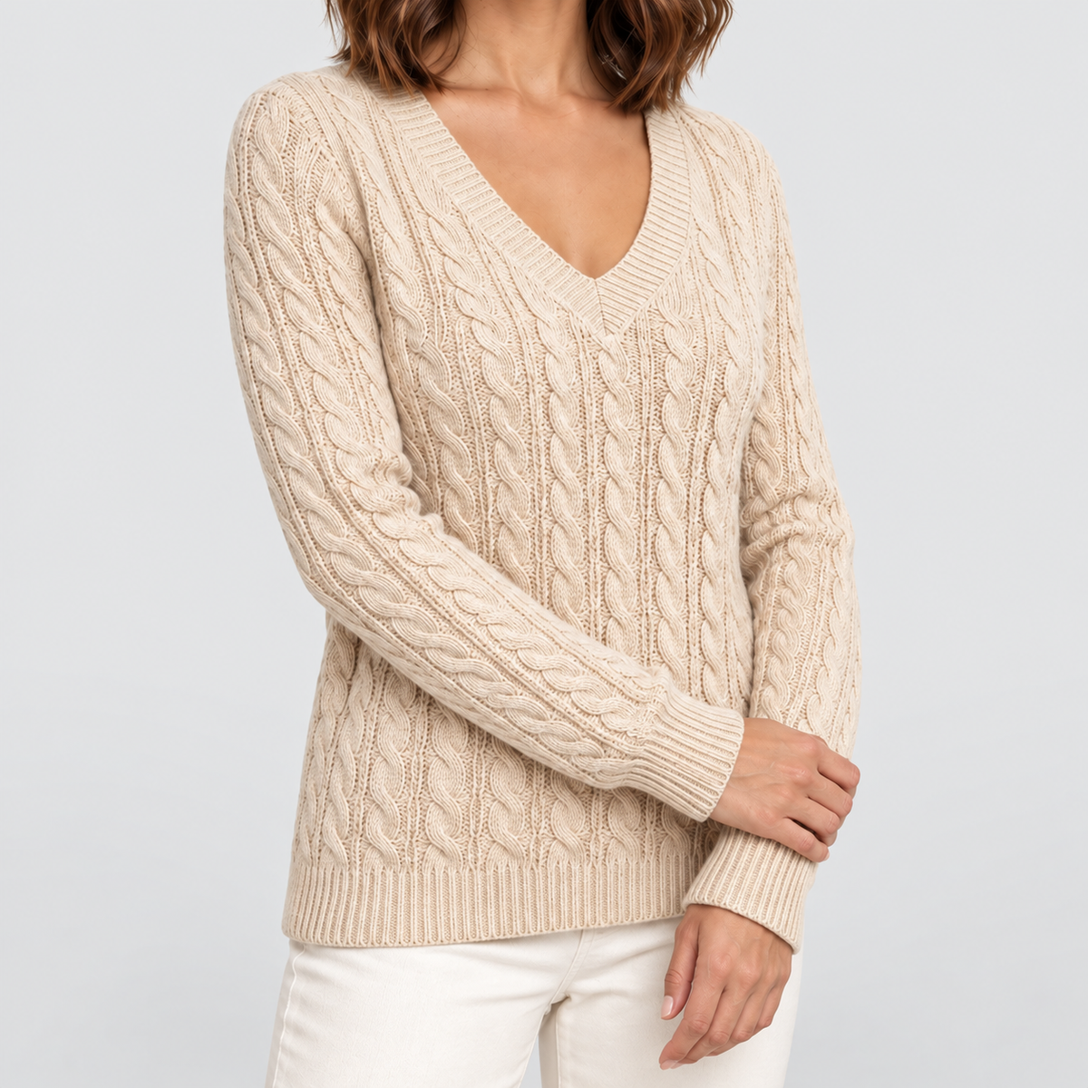 Women's Cable-Knit V-Neck Jumper in Beige — view 5