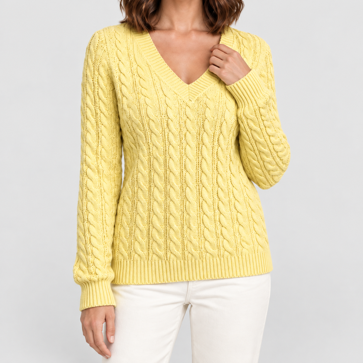 Women's Cable-Knit V-Neck Jumper in Yellow — view 6