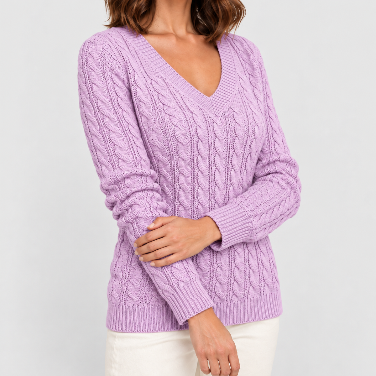 Women's Cable-Knit V-Neck Jumper in Lilac — view 7