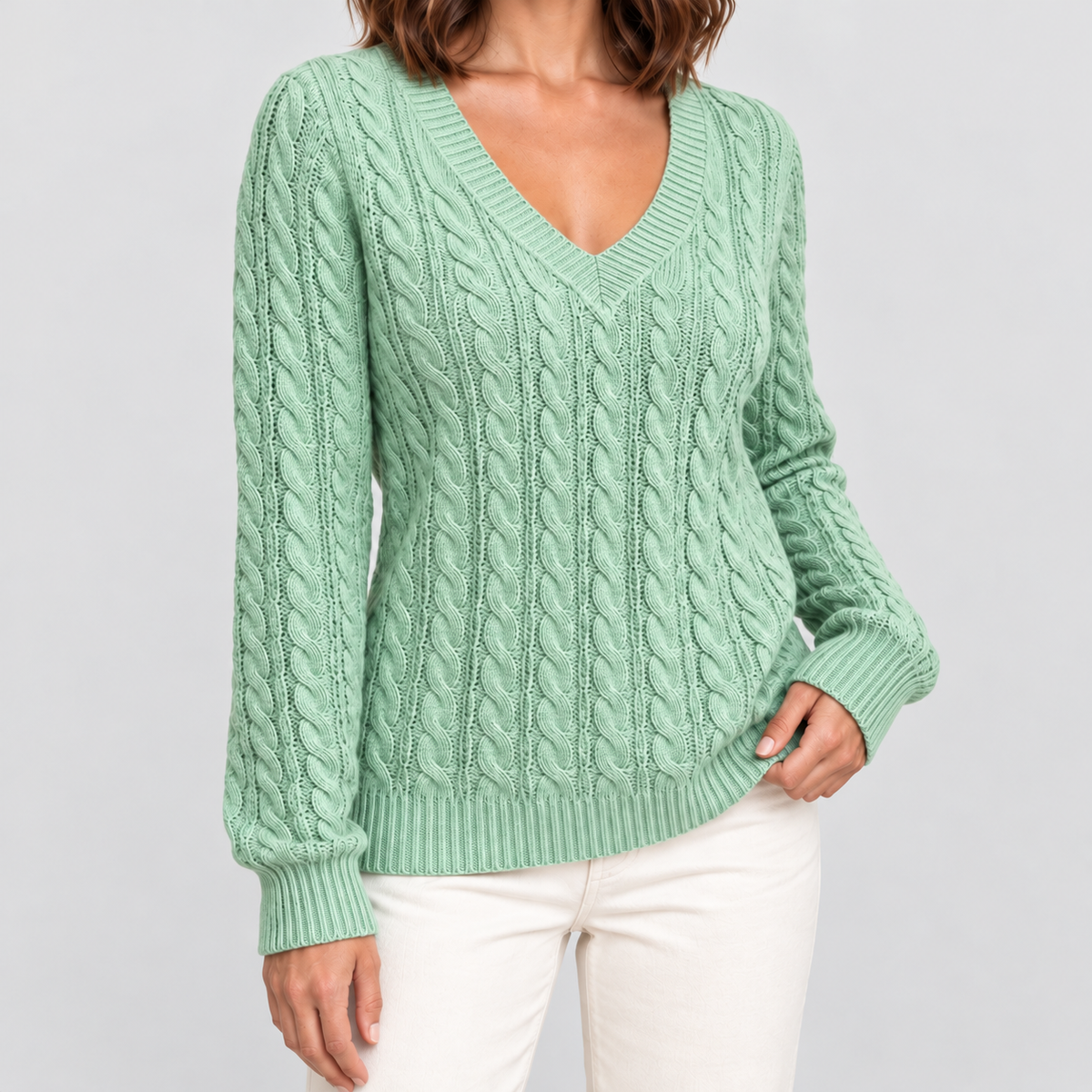 Women's Cable-Knit V-Neck Jumper in Light Green — view 8