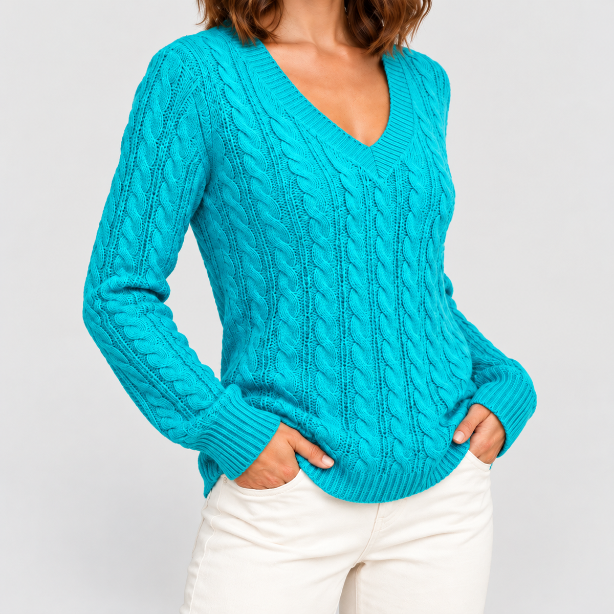 Women's Cable-Knit V-Neck Jumper in Turquoise — view 9