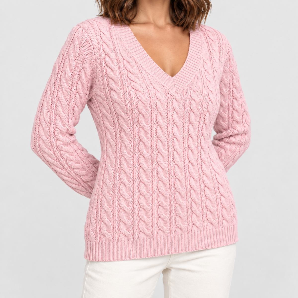 Women's Cable-Knit V-Neck Jumper in Pink — view 10