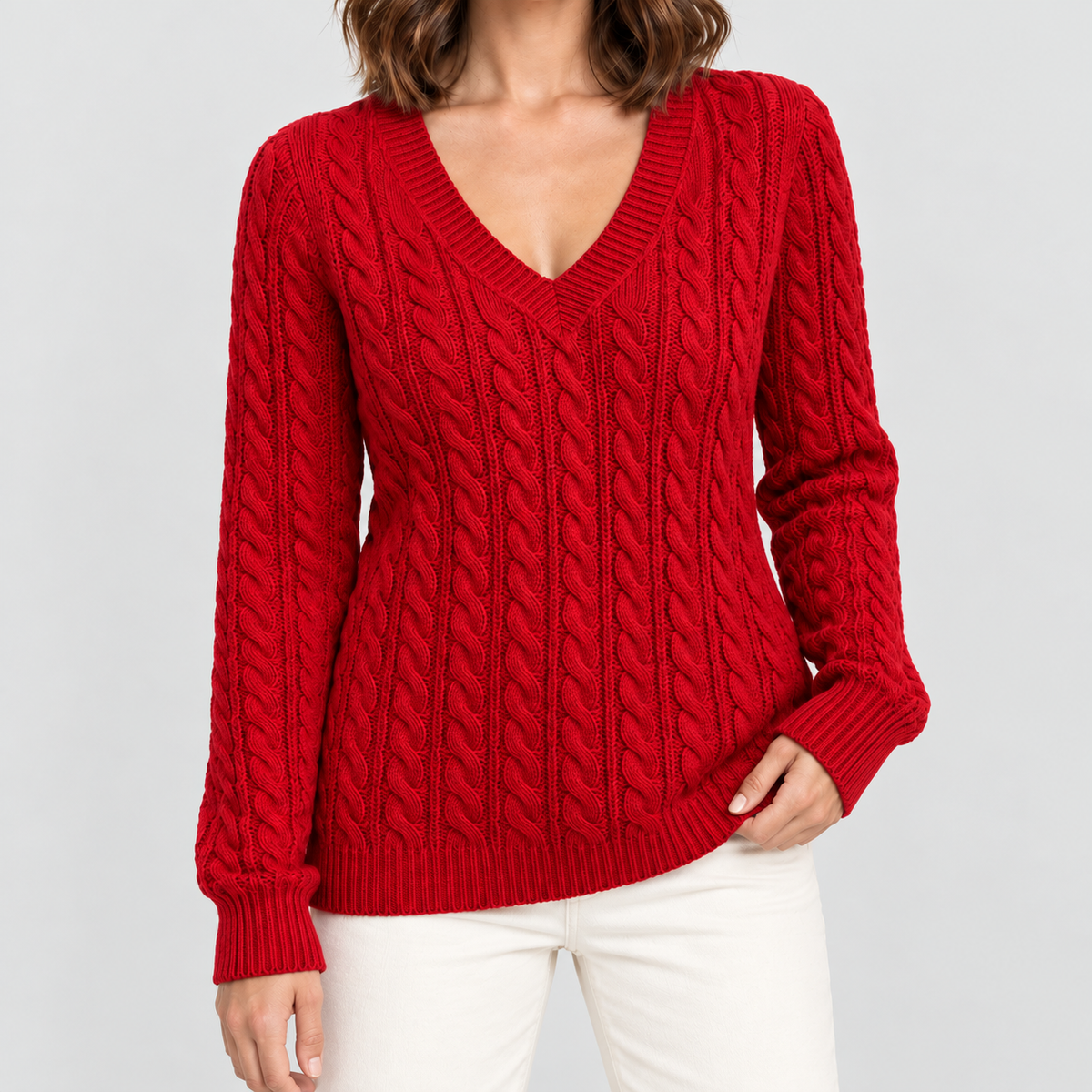 Women's Cable-Knit V-Neck Jumper in Red — view 11
