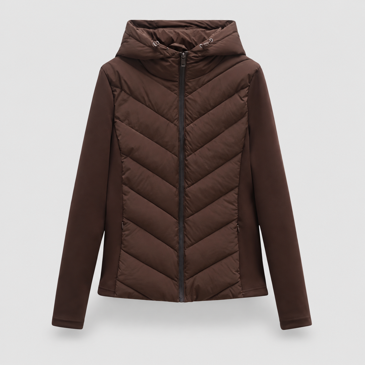 Women's Chevron Quilted Jacket with Hood in Brown — view 1